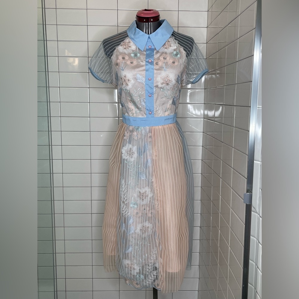 Five Cats Poly Embroidered Chiffon layered Party Dress US4